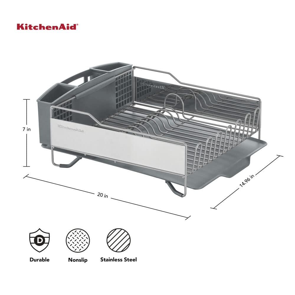 KitchenAid Large Capacity Full Size Rust Resistant Dish Rack with Angled Drain Board and Removable Flatware Caddy, Light Grey KitchenAid