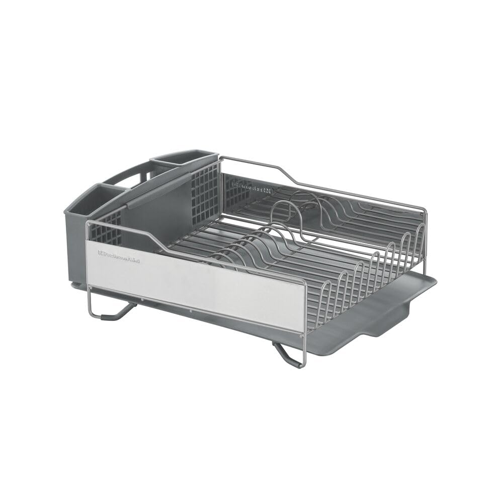 KitchenAid Large Capacity Full Size Rust Resistant Dish Rack with Angled Drain Board and Removable Flatware Caddy, Light Grey KitchenAid