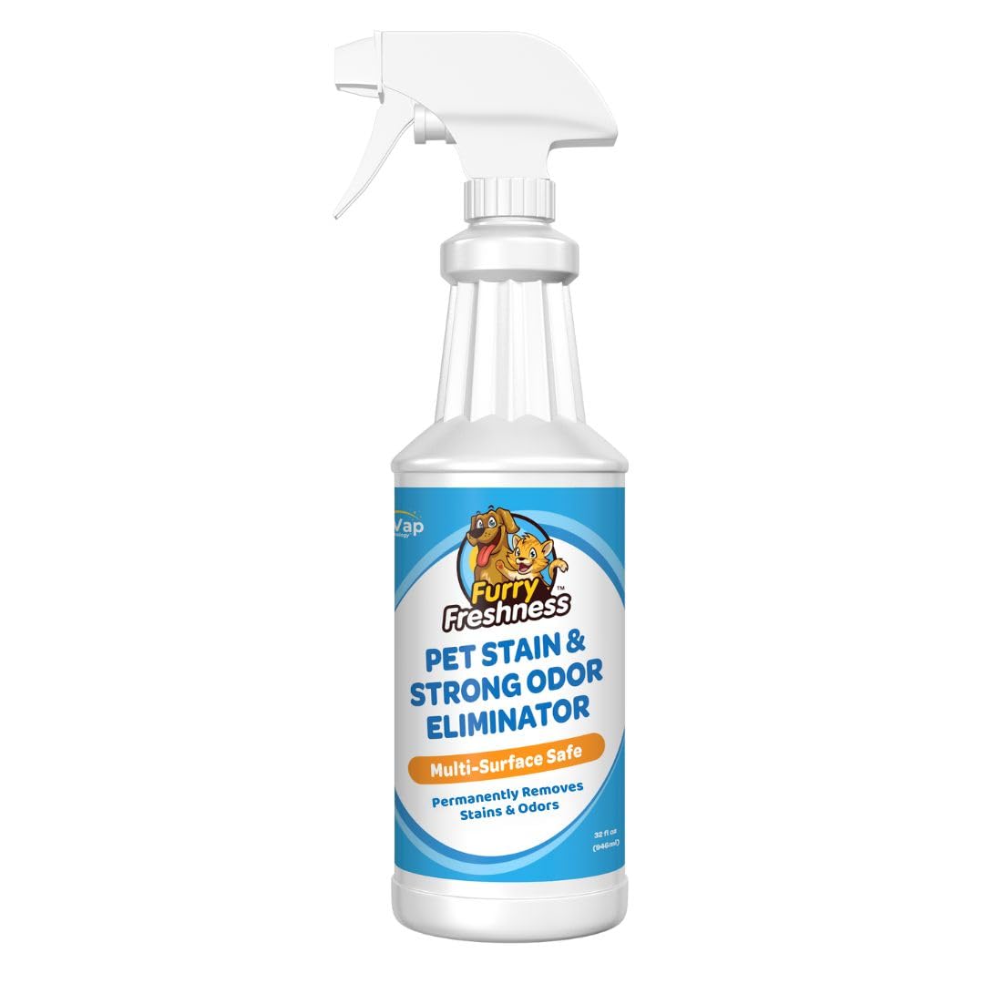 FurryFreshness Extra Strength Cat or Dog Pee Stain & Permanent Odor Remover + Smell Eliminator -Removes Stains from Pets & Kids Including Urine or Blood- Lifts Old Carpet Stains- 32oz Spray FurryFreshness