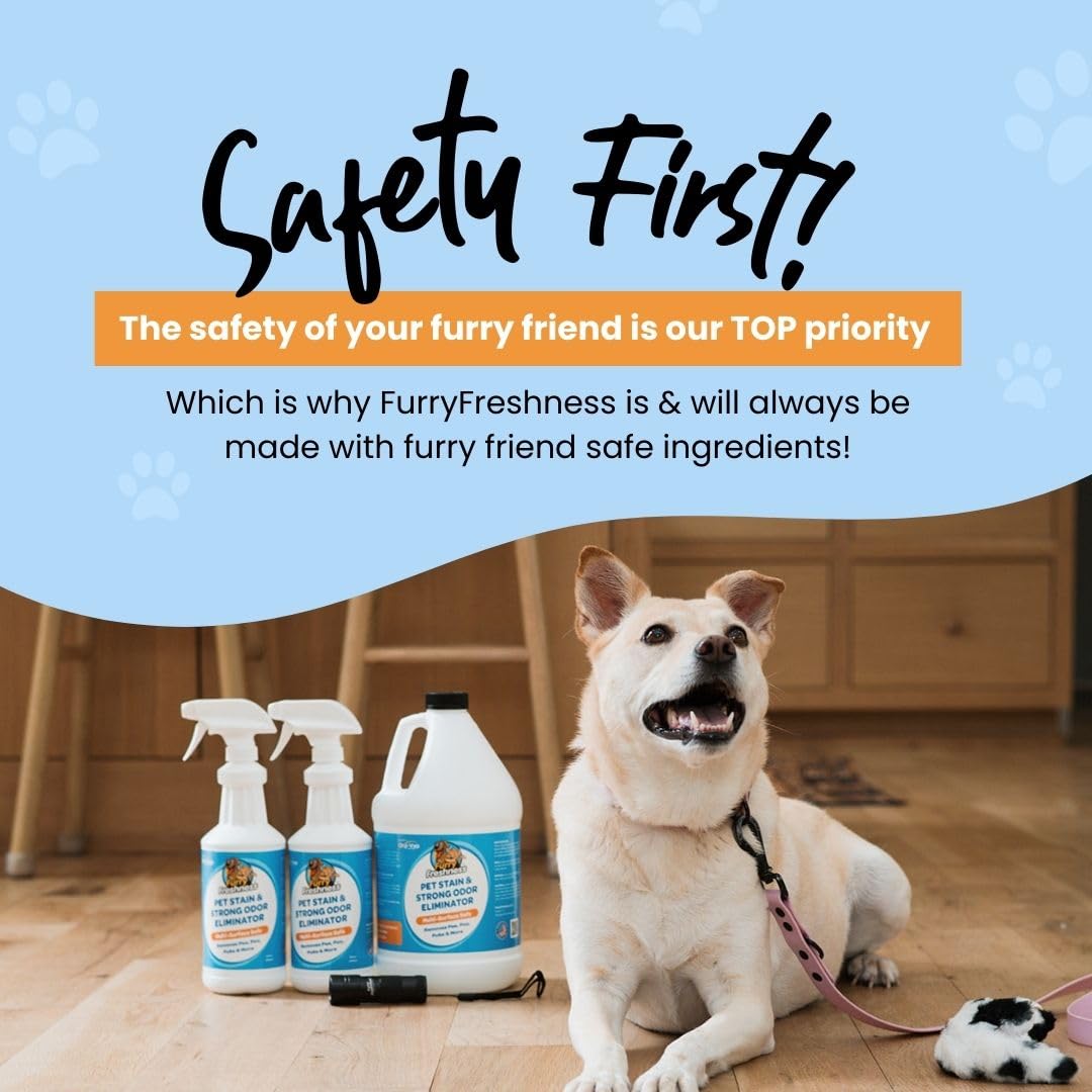 FurryFreshness Extra Strength Cat or Dog Pee Stain & Permanent Odor Remover + Smell Eliminator -Removes Stains from Pets & Kids Including Urine or Blood- Lifts Old Carpet Stains- 32oz Spray FurryFreshness