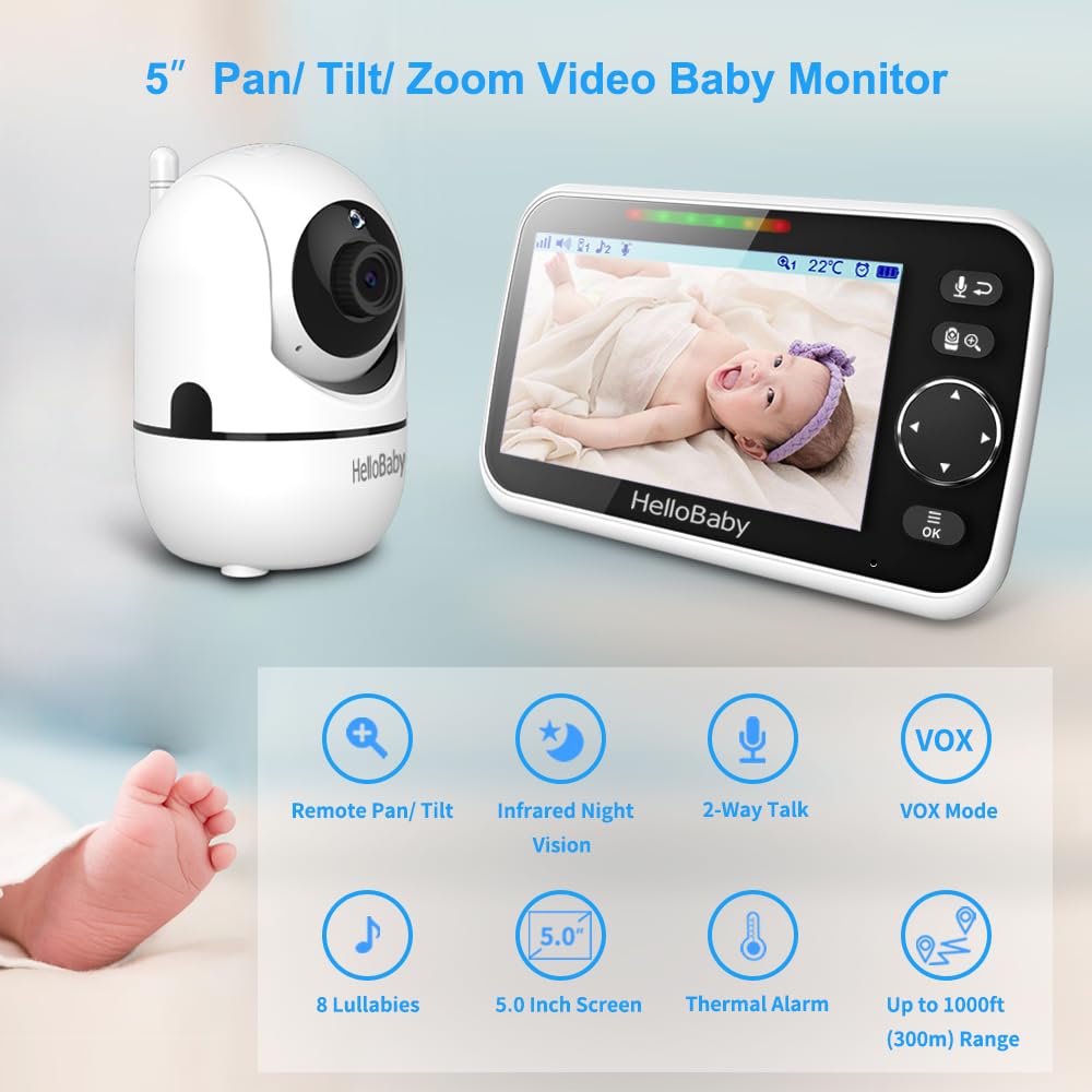 HelloBaby No WiFi Baby Monitor 5" Screen 30-Hour Battery Pan-Tilt-Zoom Video Upgrade with Camera and Audio, Night Vision, VOX, 2-Way Talk, 8 Lullabies and 1000ft Range, HB6550 HelloBaby