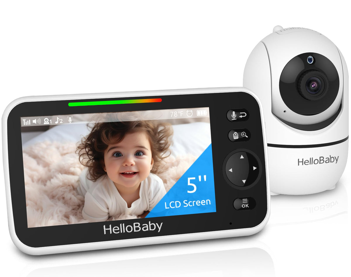 HelloBaby No WiFi Baby Monitor 5" Screen 30-Hour Battery Pan-Tilt-Zoom Video Upgrade with Camera and Audio, Night Vision, VOX, 2-Way Talk, 8 Lullabies and 1000ft Range, HB6550 HelloBaby