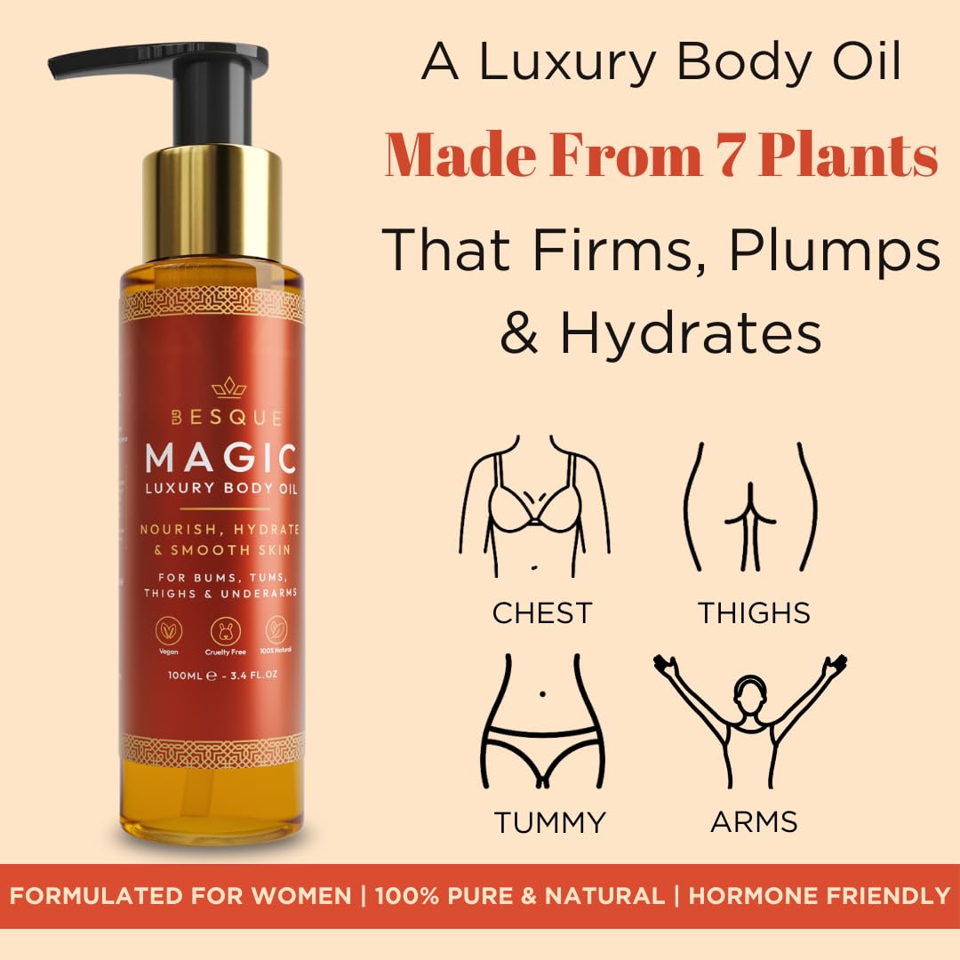 Besque Original Magic Body Oil, 3.4 FL OZ, After Shower Body Oil For Women, Hydrating Skin Care For Full Body That Plumps, Tightens, & Firms Skin With Natural Ingredients, Made In UK - Pack of 1 Besque