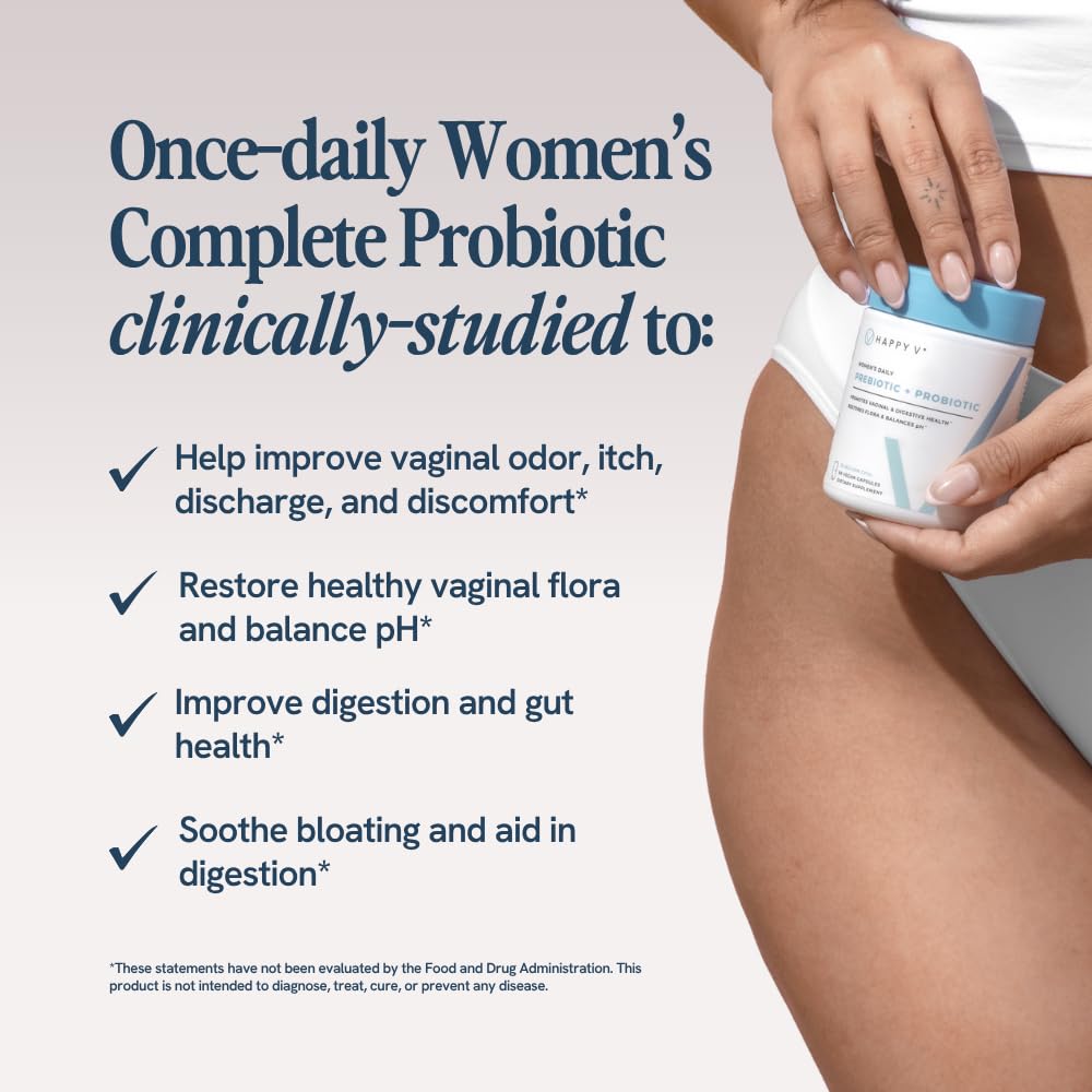 Happy V Dr. Formulated Vaginal Probiotics for Women Odor & Itch Support, Urinary & Gut Health, pH Balance | Womens Daily Probiotic with Patented Prebiotics & Lactobacillus for Feminine Wellness Happy V