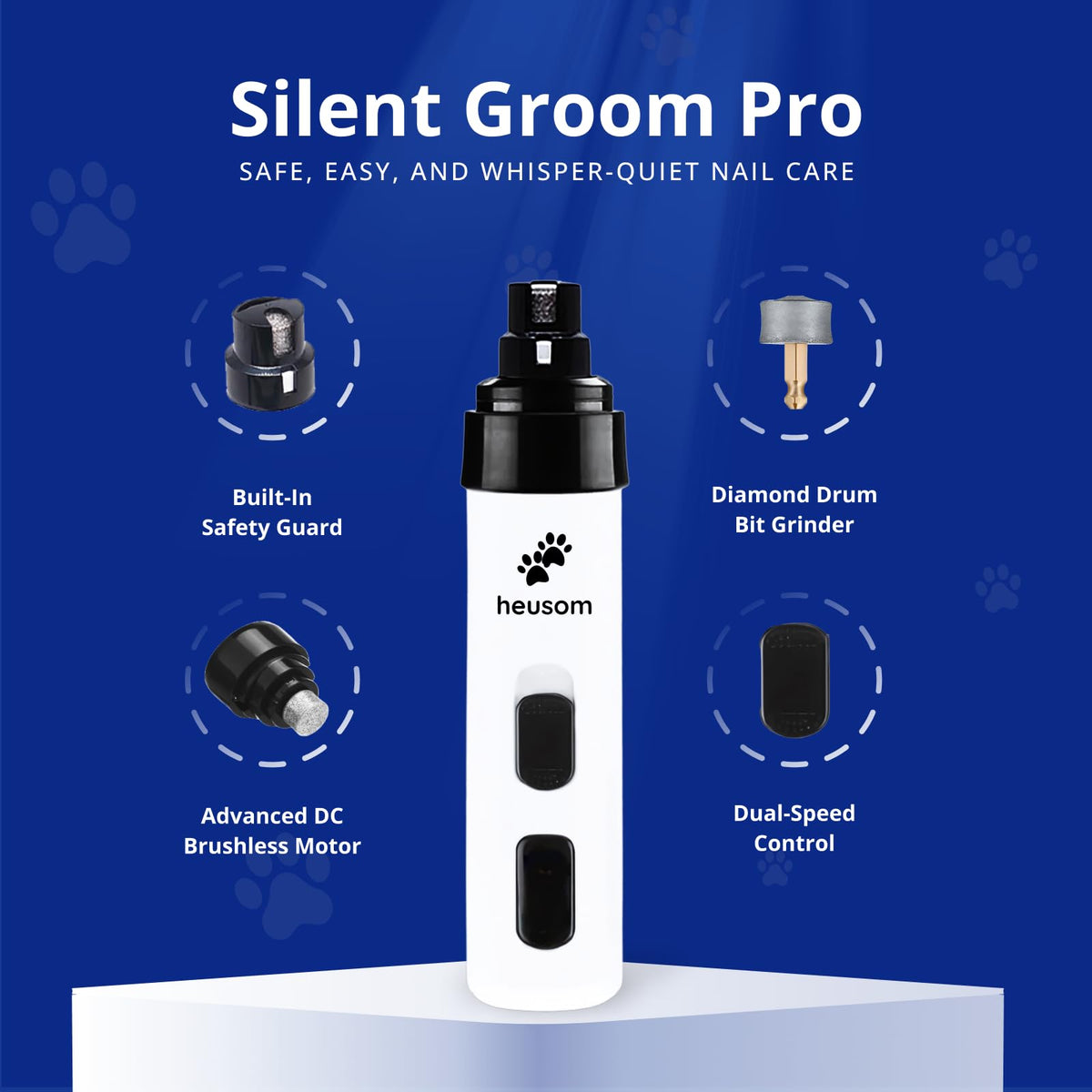 Heusom Silent Groom Pro Pet Nail Grinder | Whisper Quiet Claw Trimmer for Dogs, Cats and Other Animals | Safe & Stress Free Nail Grooming, Ideal for Sensitive Dogs of All Breeds & Sizes Heusom