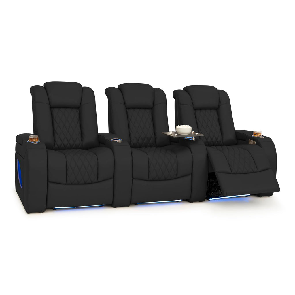 Seatcraft Virtuoso LT Black Italian Leather Home Theater Seating, Zero Gravity Power Recliner, Powered Headrest and Lumbar Gaming and Home Office Chair, Heat and Massage Lounge Sofa, Row of 3 Seatcraft