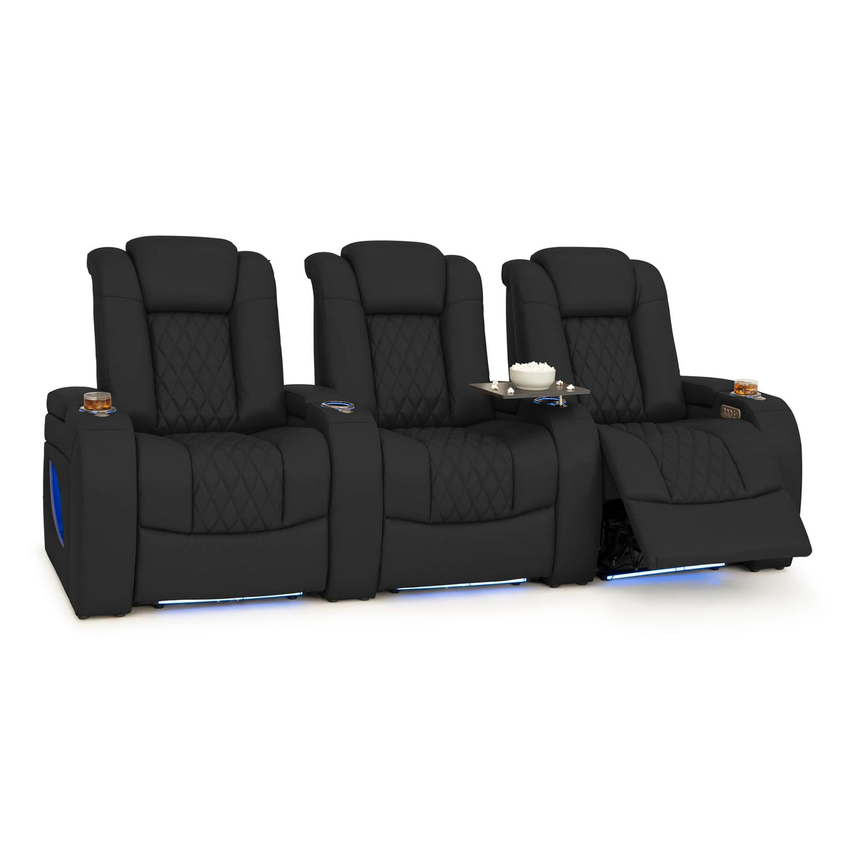 Seatcraft Virtuoso LT Black Italian Leather Home Theater Seating, Zero Gravity Power Recliner, Powered Headrest and Lumbar Gaming and Home Office Chair, Heat and Massage Lounge Sofa, Row of 3 Seatcraft