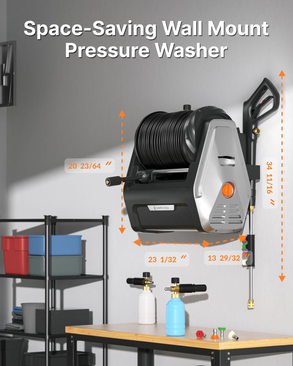 Giraffe Tools Wall Mounted Pressure Washer Essential with Upgraded 1800W Motor, 2900 PSI, 2.2 GPM Electric Power Washer, Automatic Rewind, 100ft Pressure Hoses, 5 Nozzles for Floor/Cars/Fences/Patios Giraffe Tools