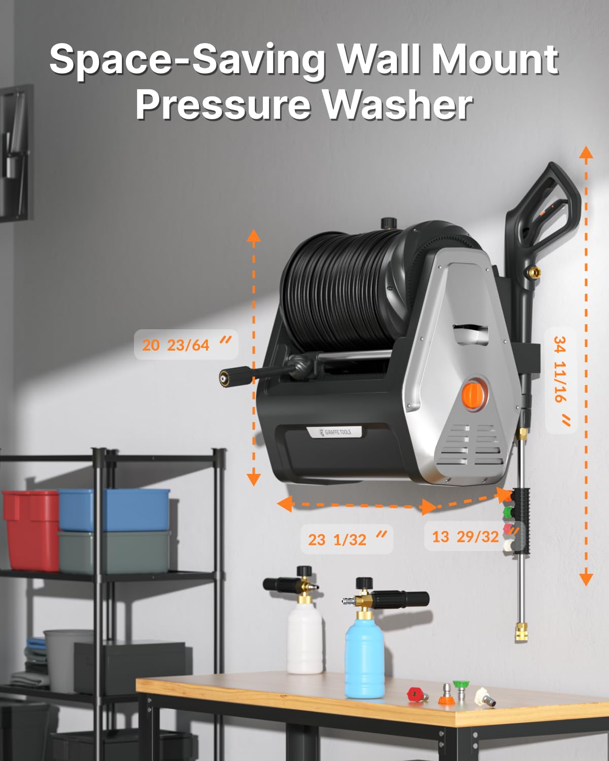 Giraffe Tools Wall Mounted Pressure Washer Essential with Upgraded 1800W Motor, 2900 PSI, 2.2 GPM Electric Power Washer, Automatic Rewind, 100ft Pressure Hoses, 5 Nozzles for Floor/Cars/Fences/Patios Giraffe Tools