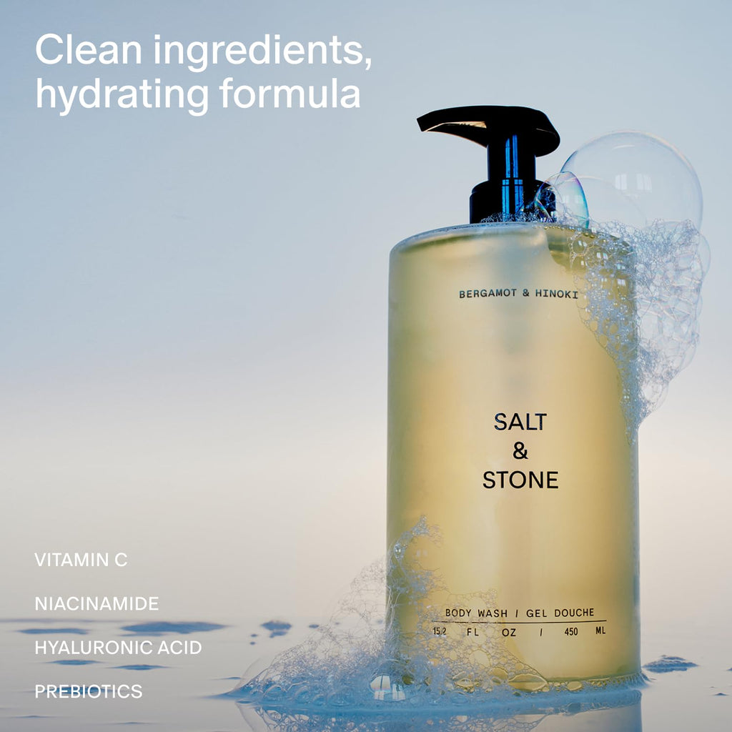 Salt & Stone Body Wash with Antioxidants for Deep Moisture | For Women & Men, Sulfate, Paraben, & Dye Free, Leaving Skin Soft and Hydrated | Bergamot & Hinoki 15.2 fl oz Salt & Stone