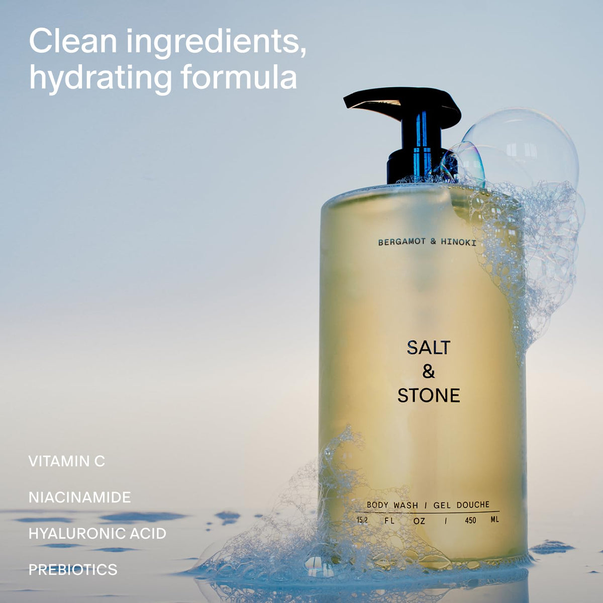 Salt & Stone Body Wash with Antioxidants for Deep Moisture | For Women & Men, Sulfate, Paraben, & Dye Free, Leaving Skin Soft and Hydrated | Bergamot & Hinoki 15.2 fl oz Salt & Stone