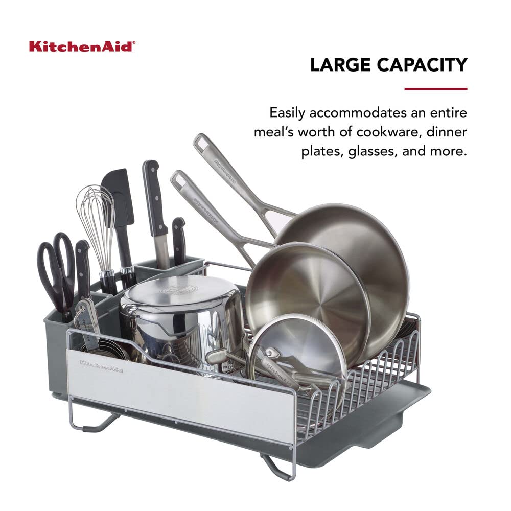 KitchenAid Large Capacity Full Size Rust Resistant Dish Rack with Angled Drain Board and Removable Flatware Caddy, Light Grey KitchenAid