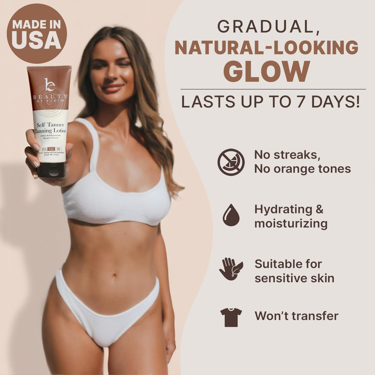 Beauty by Earth Self Tanner - USA Made with Natural & Organic Ingredients, Moisturizing Self Tanning Lotion with Aloe Vera & Coconut for a Natural Glow, Streak-Free Fake Tan (Medium) Beauty by Earth