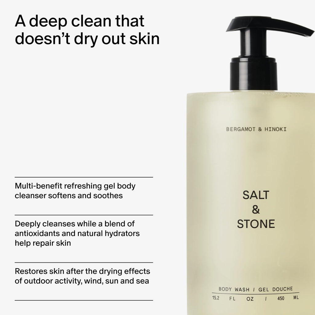 Salt & Stone Body Wash with Antioxidants for Deep Moisture | For Women & Men, Sulfate, Paraben, & Dye Free, Leaving Skin Soft and Hydrated | Bergamot & Hinoki 15.2 fl oz Salt & Stone