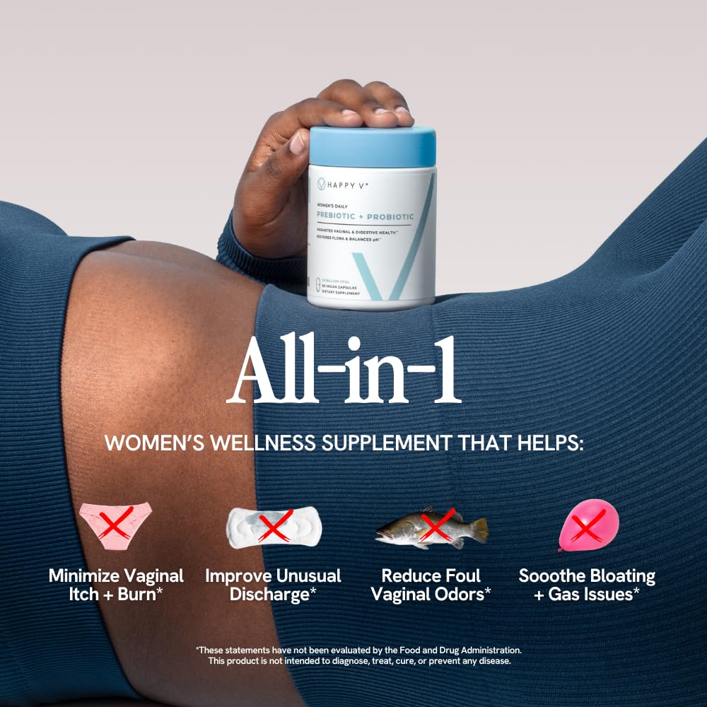 Happy V Dr. Formulated Vaginal Probiotics for Women Odor & Itch Support, Urinary & Gut Health, pH Balance | Womens Daily Probiotic with Patented Prebiotics & Lactobacillus for Feminine Wellness Happy V