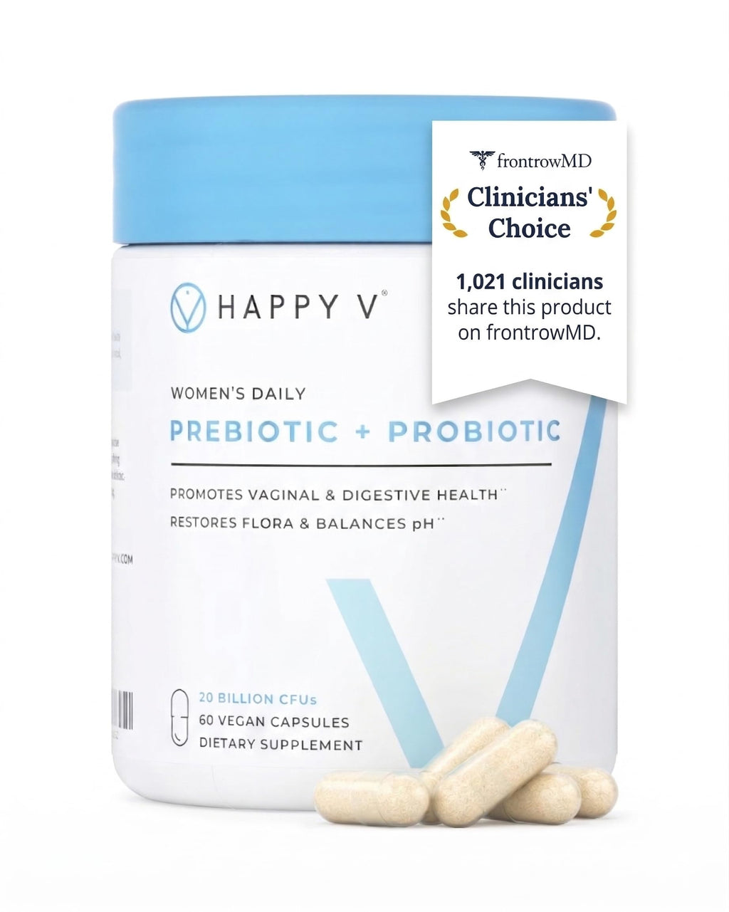 Happy V Dr. Formulated Vaginal Probiotics for Women Odor & Itch Support, Urinary & Gut Health, pH Balance | Womens Daily Probiotic with Patented Prebiotics & Lactobacillus for Feminine Wellness Happy V
