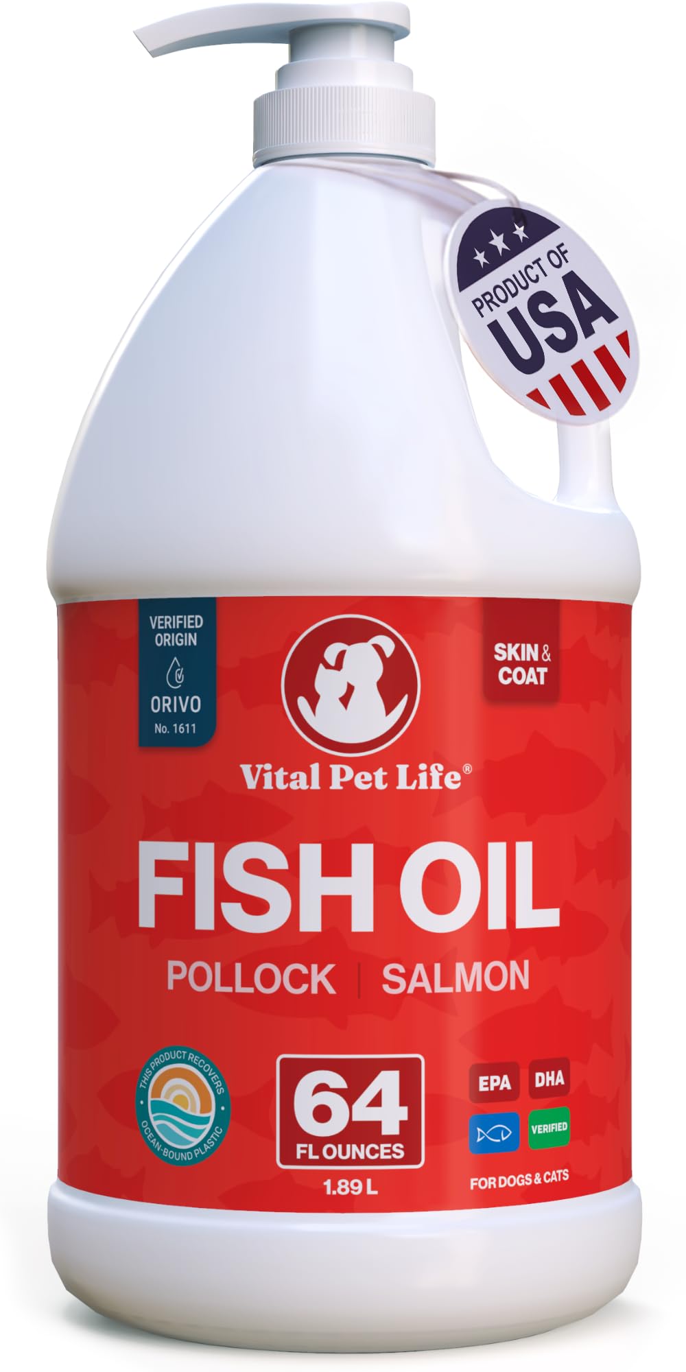 Fish Oil for Dogs, Healthy Skin & Coat Salmon Pollock Liquid Omega 3, 64 oz Vital Pet Life