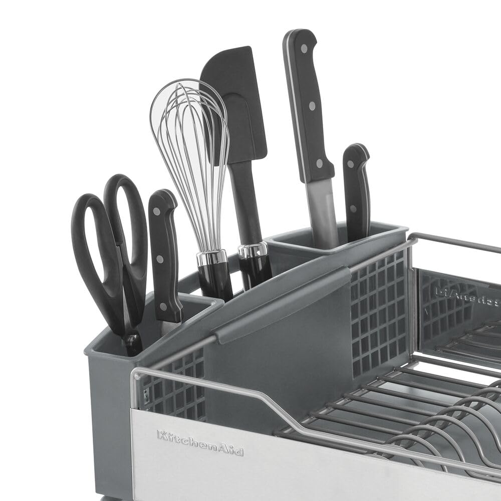 KitchenAid Large Capacity Full Size Rust Resistant Dish Rack with Angled Drain Board and Removable Flatware Caddy, Light Grey KitchenAid