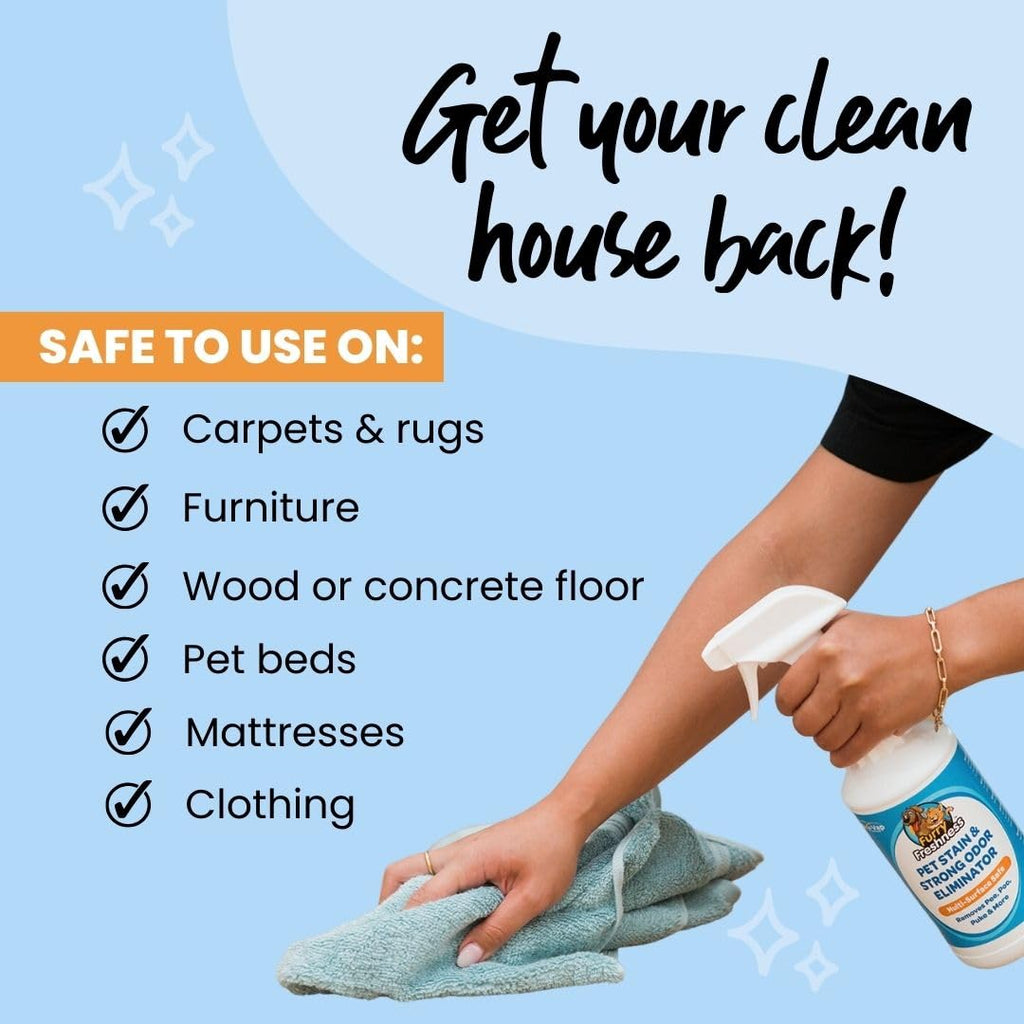 FurryFreshness Extra Strength Cat or Dog Pee Stain & Permanent Odor Remover + Smell Eliminator -Removes Stains from Pets & Kids Including Urine or Blood- Lifts Old Carpet Stains- 32oz Spray FurryFreshness
