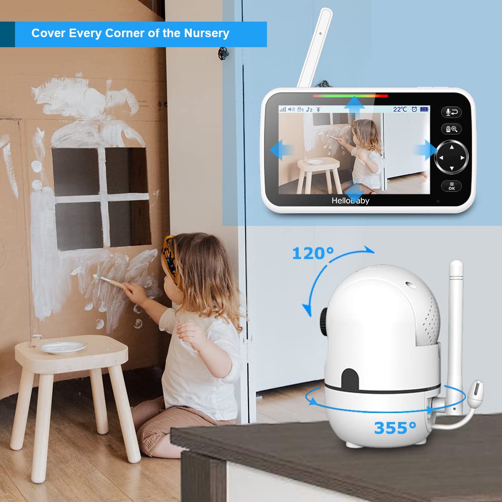 HelloBaby No WiFi Baby Monitor 5" Screen 30-Hour Battery Pan-Tilt-Zoom Video Upgrade with Camera and Audio, Night Vision, VOX, 2-Way Talk, 8 Lullabies and 1000ft Range, HB6550 HelloBaby