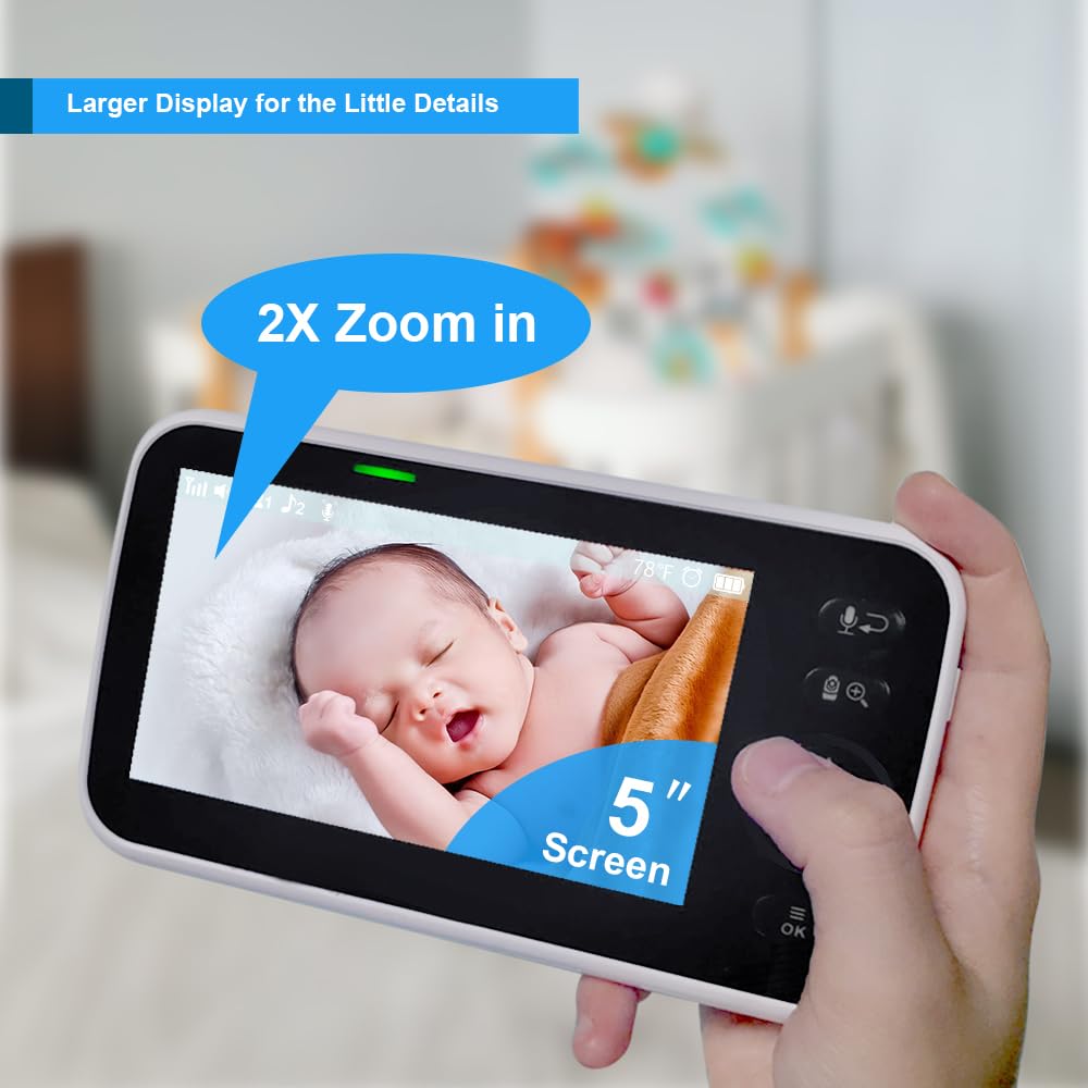 HelloBaby No WiFi Baby Monitor 5" Screen 30-Hour Battery Pan-Tilt-Zoom Video Upgrade with Camera and Audio, Night Vision, VOX, 2-Way Talk, 8 Lullabies and 1000ft Range, HB6550 HelloBaby