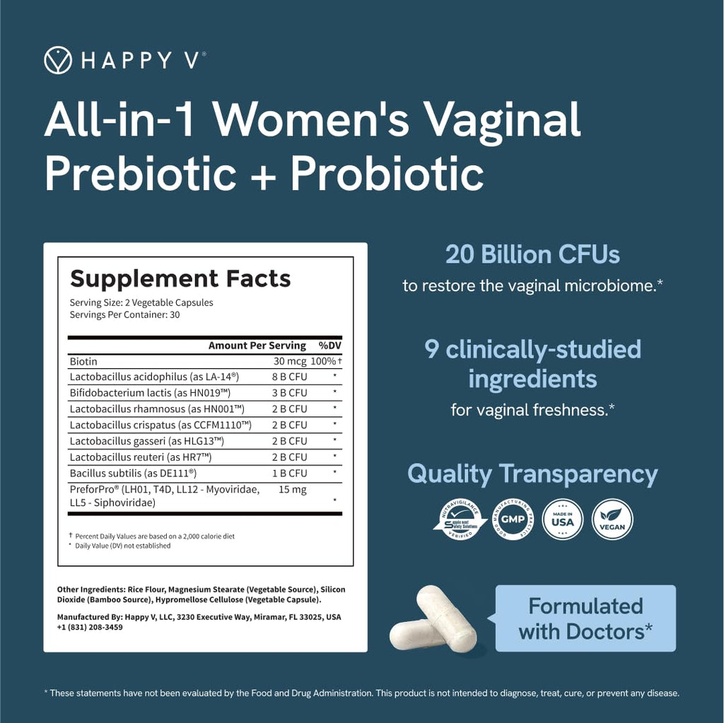 Happy V Dr. Formulated Vaginal Probiotics for Women Odor & Itch Support, Urinary & Gut Health, pH Balance | Womens Daily Probiotic with Patented Prebiotics & Lactobacillus for Feminine Wellness Happy V