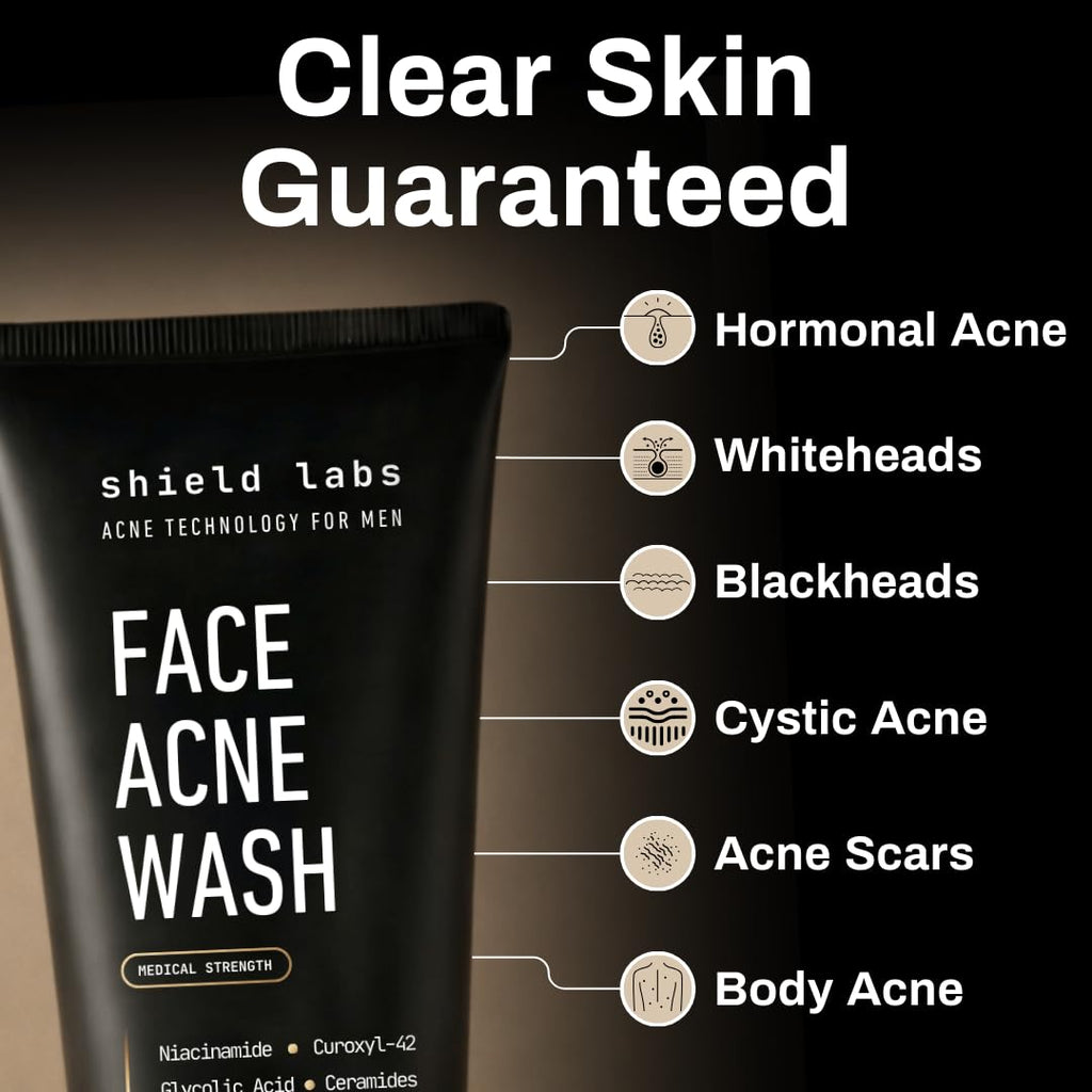 Shield Face Acne Wash for Men and Boys, Curoxyl-42 Face Wash to Clear, Treat, and Prevent Acne, Gentle formula with Niacinamide, Hyaluronic Acid, and Ceramides, Unscented, 5.1 oz, Pack of 2 Shield