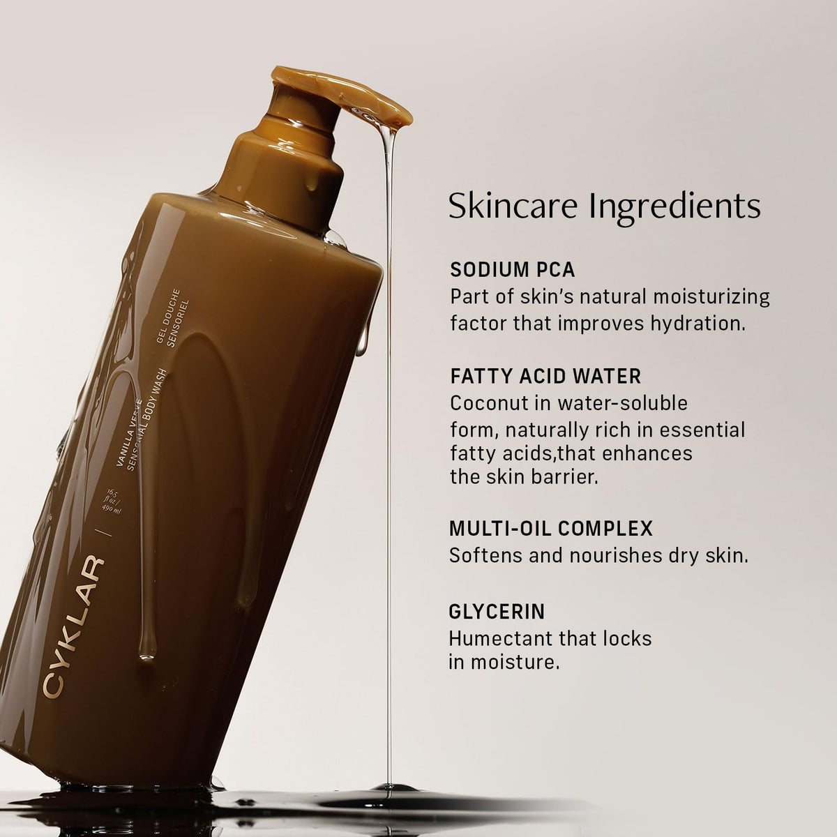 CYKLAR Sensorial Body Wash. Vanilla Verve Hydrating Cleanser with Moisture Locking Multi-Oil Complex, Sodium PCA and Glycerin. Nourishing Shower Gel for Women and Men, 16.5 Fl Oz Luxury Bodywash CYKLAR