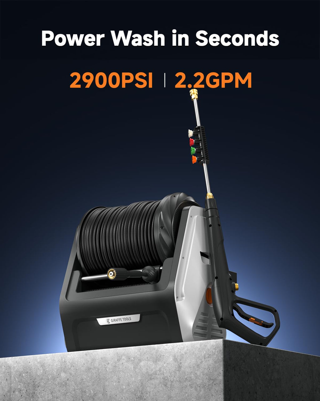 Giraffe Tools Wall Mounted Pressure Washer Essential with Upgraded 1800W Motor, 2900 PSI, 2.2 GPM Electric Power Washer, Automatic Rewind, 100ft Pressure Hoses, 5 Nozzles for Floor/Cars/Fences/Patios Giraffe Tools