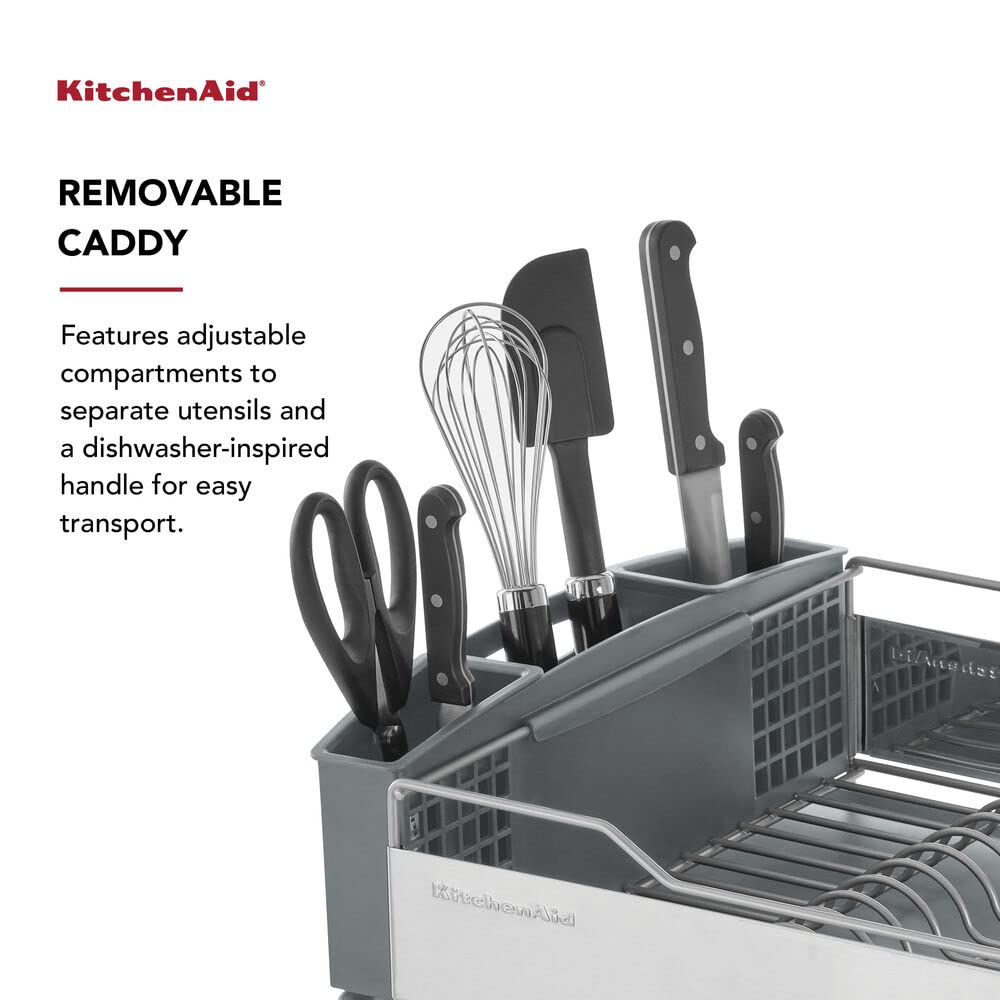 KitchenAid Large Capacity Full Size Rust Resistant Dish Rack with Angled Drain Board and Removable Flatware Caddy, Light Grey KitchenAid