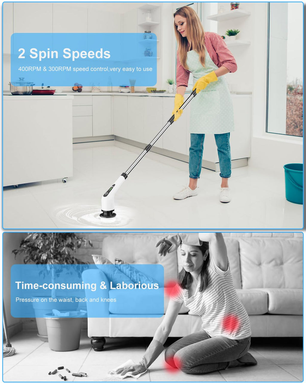 Leebein Electric Spin Scrubber, Cordless Cleaning Brush with 8 Replaceable Brush Heads, Tub and Floor Tile 360 Power Scrubber Dual Speed with Adjustable & Detachable Handle for Bathroom Kitchen Car Leebein