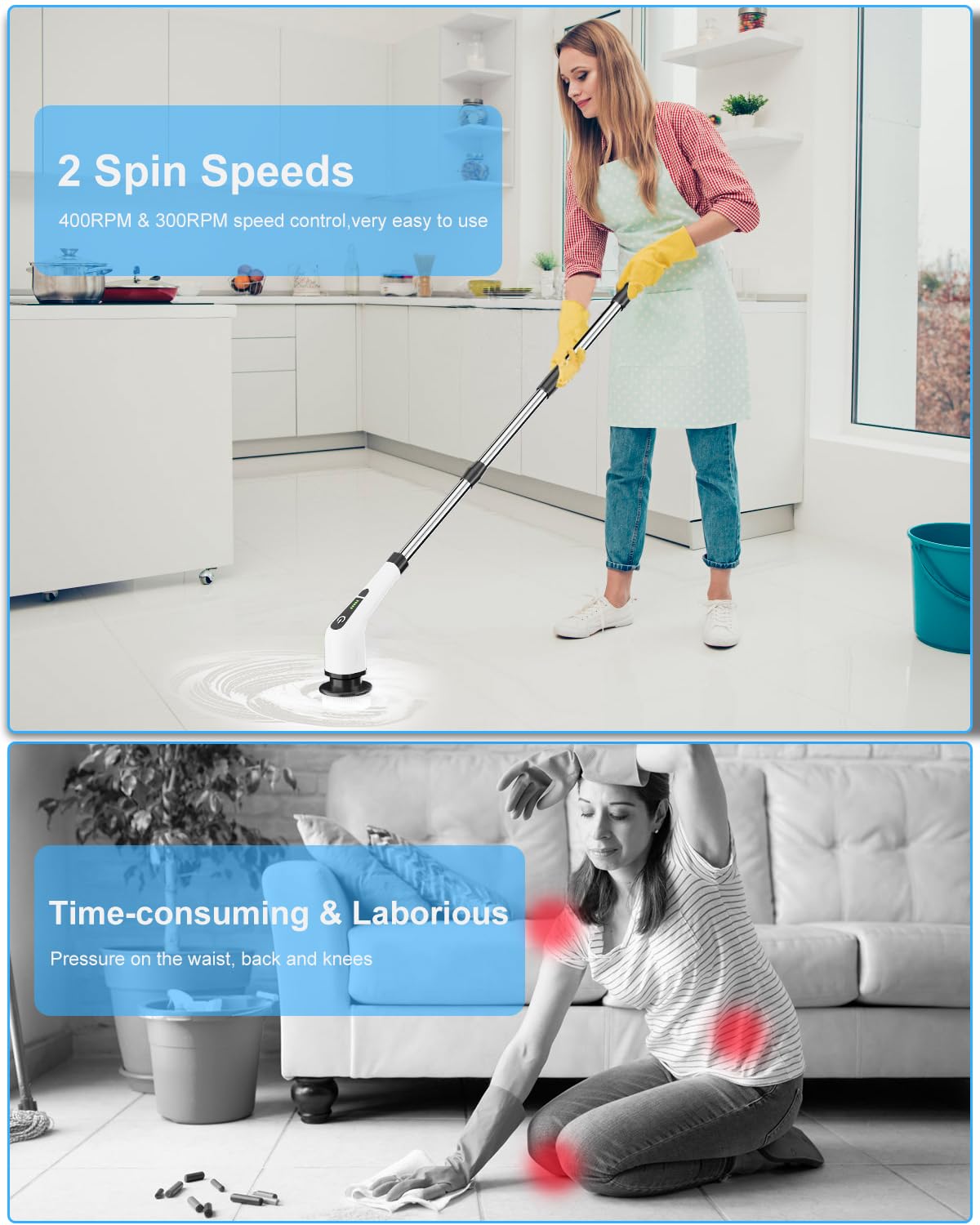 Leebein Electric Spin Scrubber, Cordless Cleaning Brush with 8 Replaceable Brush Heads, Tub and Floor Tile 360 Power Scrubber Dual Speed with Adjustable & Detachable Handle for Bathroom Kitchen Car Leebein