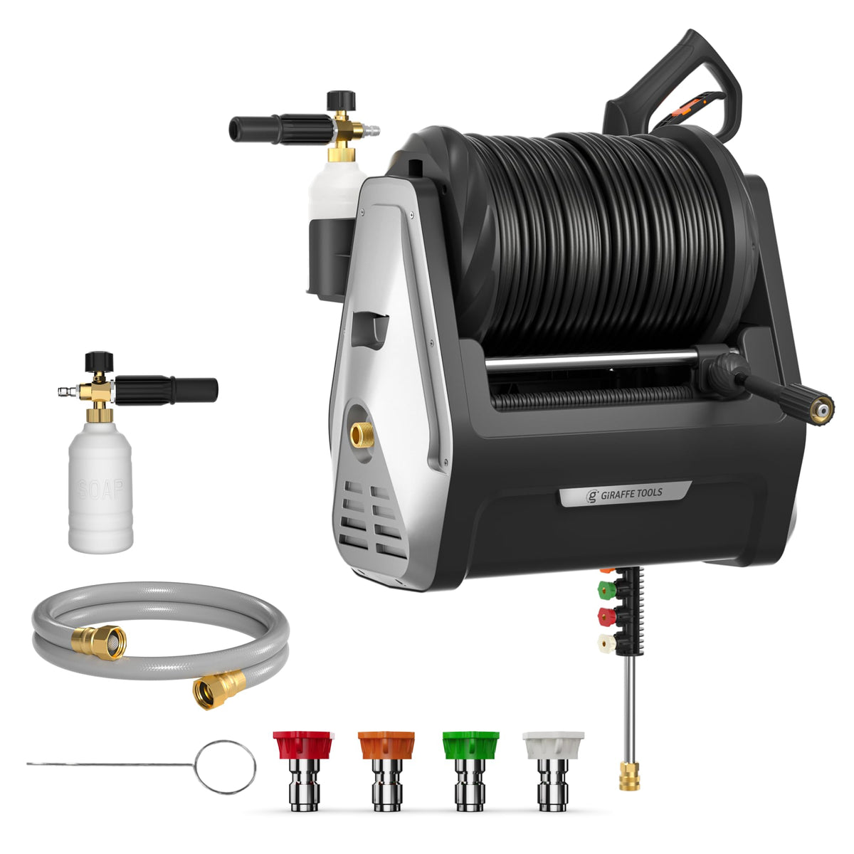 Giraffe Tools Wall Mounted Pressure Washer Essential with Upgraded 1800W Motor, 2900 PSI, 2.2 GPM Electric Power Washer, Automatic Rewind, 100ft Pressure Hoses, 5 Nozzles for Floor/Cars/Fences/Patios Giraffe Tools