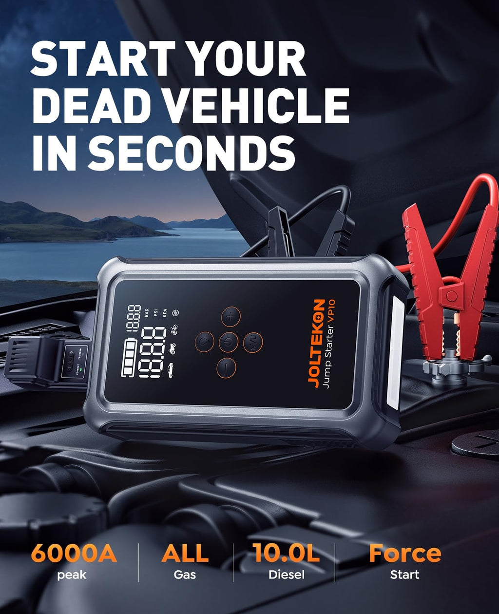 Joltekon Car Battery Jump Starter with Air Compressor 6000A 150PSI, Car Jumper Starter Portable (All Gas/10L Diesel), Jump Box Car Battery with Auto-Shutoff Tire Inflator, Jumper Cables and Light Joltekon