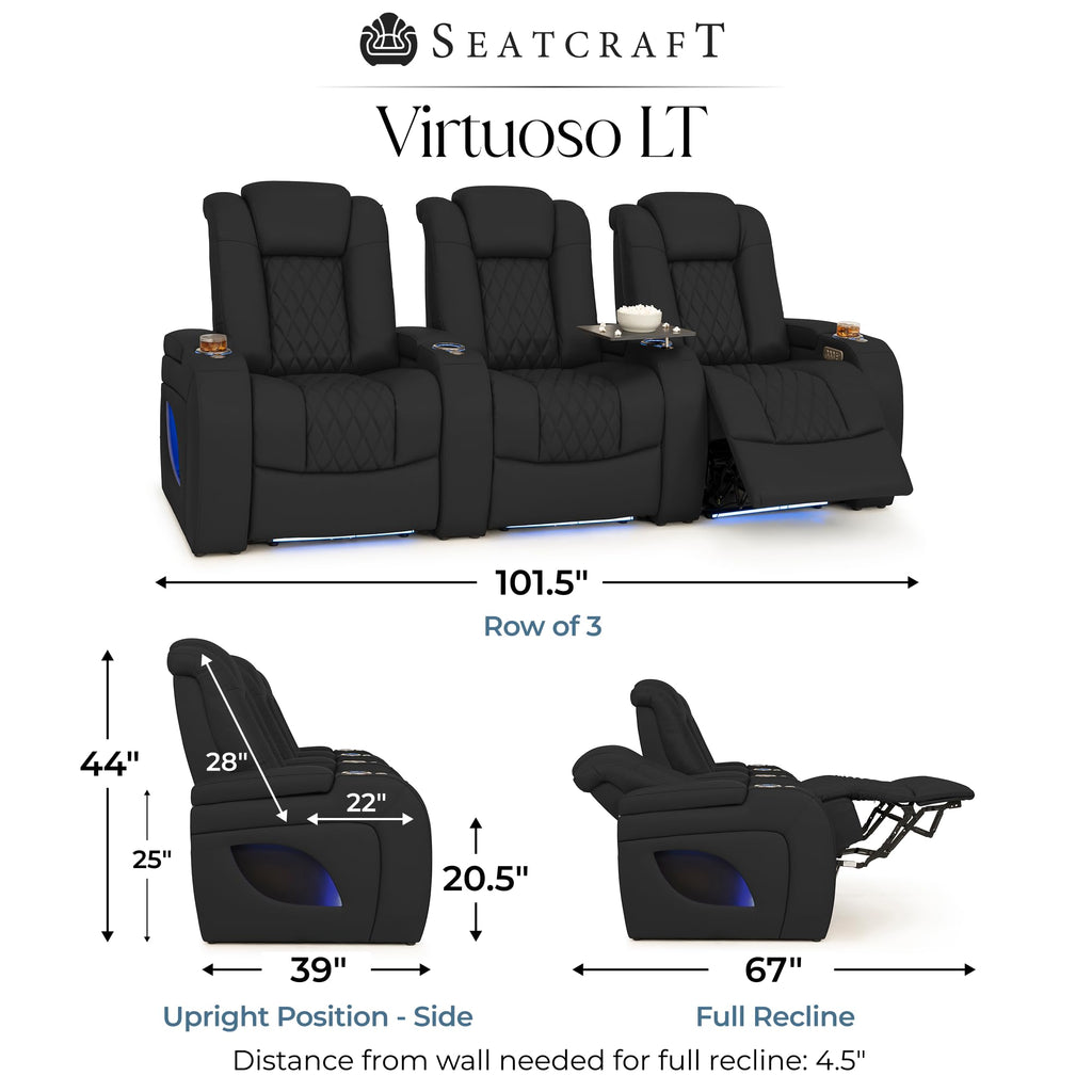 Seatcraft Virtuoso LT Black Italian Leather Home Theater Seating, Zero Gravity Power Recliner, Powered Headrest and Lumbar Gaming and Home Office Chair, Heat and Massage Lounge Sofa, Row of 3 Seatcraft