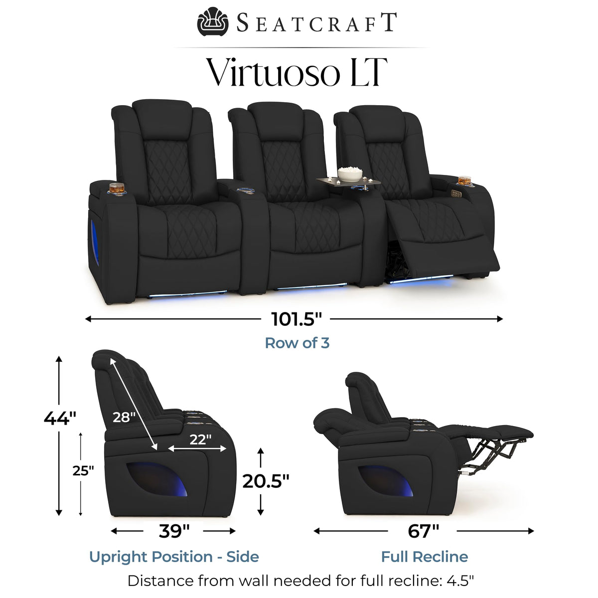 Seatcraft Virtuoso LT Black Italian Leather Home Theater Seating, Zero Gravity Power Recliner, Powered Headrest and Lumbar Gaming and Home Office Chair, Heat and Massage Lounge Sofa, Row of 3 Seatcraft