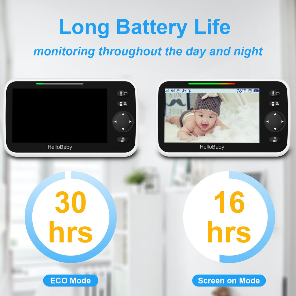 HelloBaby No WiFi Baby Monitor 5" Screen 30-Hour Battery Pan-Tilt-Zoom Video Upgrade with Camera and Audio, Night Vision, VOX, 2-Way Talk, 8 Lullabies and 1000ft Range, HB6550 HelloBaby
