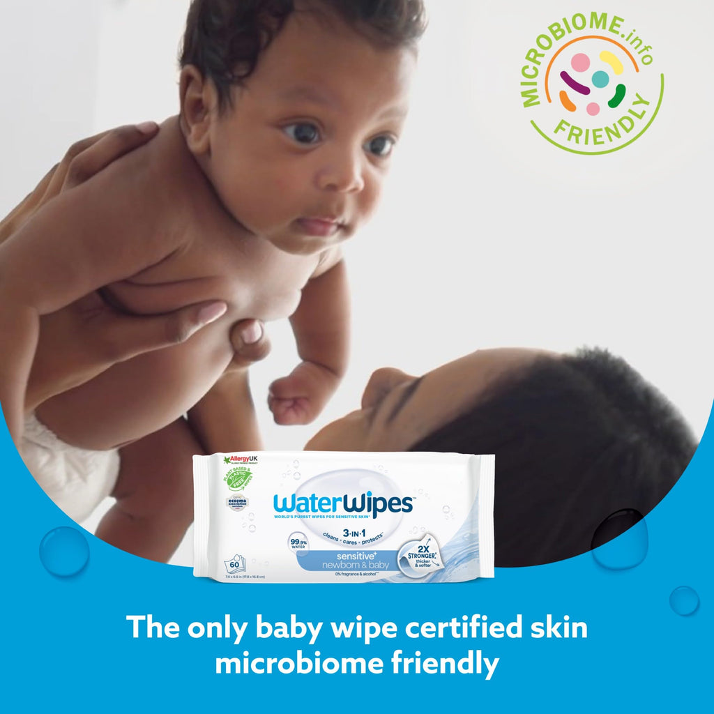 WaterWipes Sensitive+ Newborn & Baby Wipes, 3-In-1 Cleans, Cares, Protects, 99.9% Water, Unscented & Hypoallergenic, 720 Count (12 Packs) WaterWipes