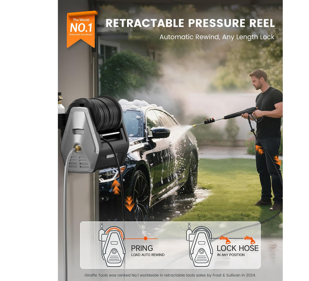 Giraffe Tools Wall Mounted Pressure Washer Essential with Upgraded 1800W Motor, 2900 PSI, 2.2 GPM Electric Power Washer, Automatic Rewind, 100ft Pressure Hoses, 5 Nozzles for Floor/Cars/Fences/Patios Giraffe Tools
