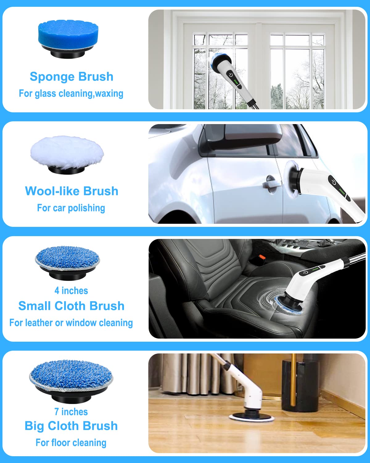 Leebein Electric Spin Scrubber, Cordless Cleaning Brush with 8 Replaceable Brush Heads, Tub and Floor Tile 360 Power Scrubber Dual Speed with Adjustable & Detachable Handle for Bathroom Kitchen Car Leebein