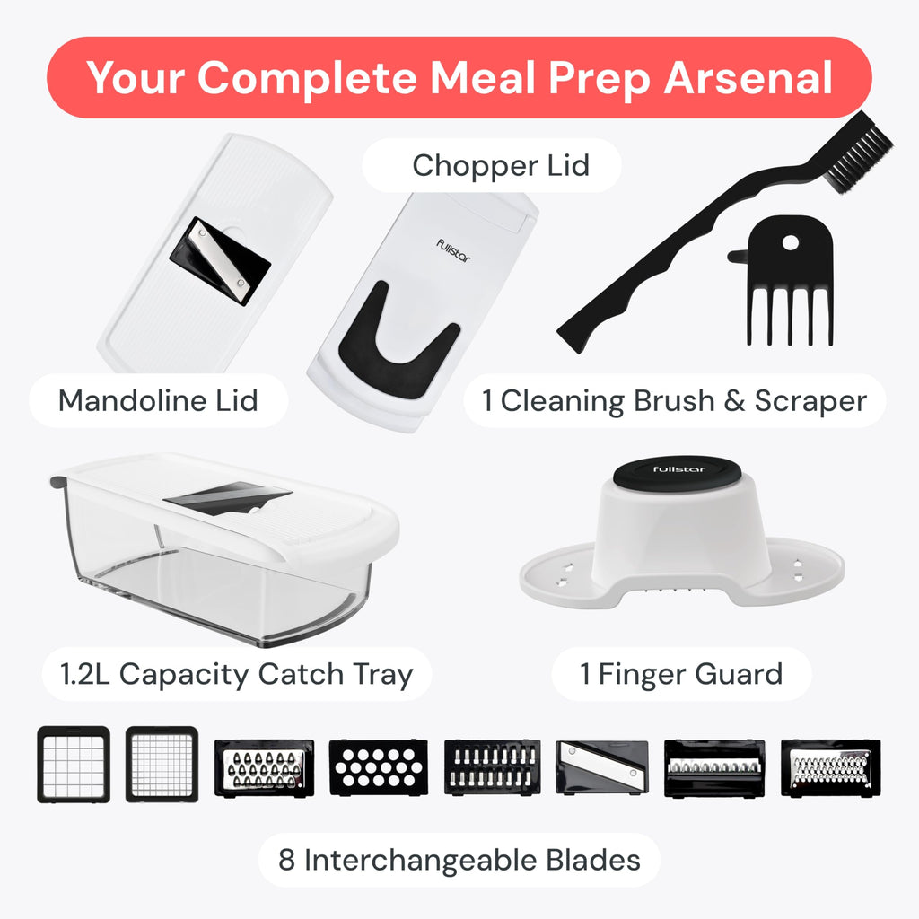 Fullstar Pro Original Vegetable Chopper & Mandoline - Chopper & Mandoline Lids - Food Chopper with Container, Fruit Slicer, Onion Dicer - All-in-One Prep Tool - Kitchen Gadgets & Gifts (8 in 1, White) fullstar