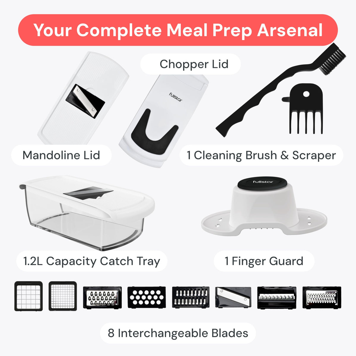 Fullstar Pro Original Vegetable Chopper & Mandoline - Chopper & Mandoline Lids - Food Chopper with Container, Fruit Slicer, Onion Dicer - All-in-One Prep Tool - Kitchen Gadgets & Gifts (8 in 1, White) fullstar
