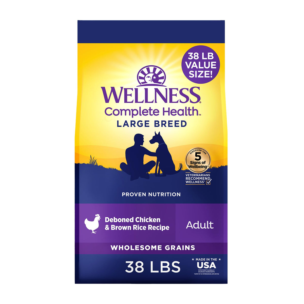 Wellness Complete Health Large Breed Adult Dry Dog Food, Wholesome Grain Kibble, Natural, Chicken and Brown Rice Recipe, 38 lb Bag Wellness