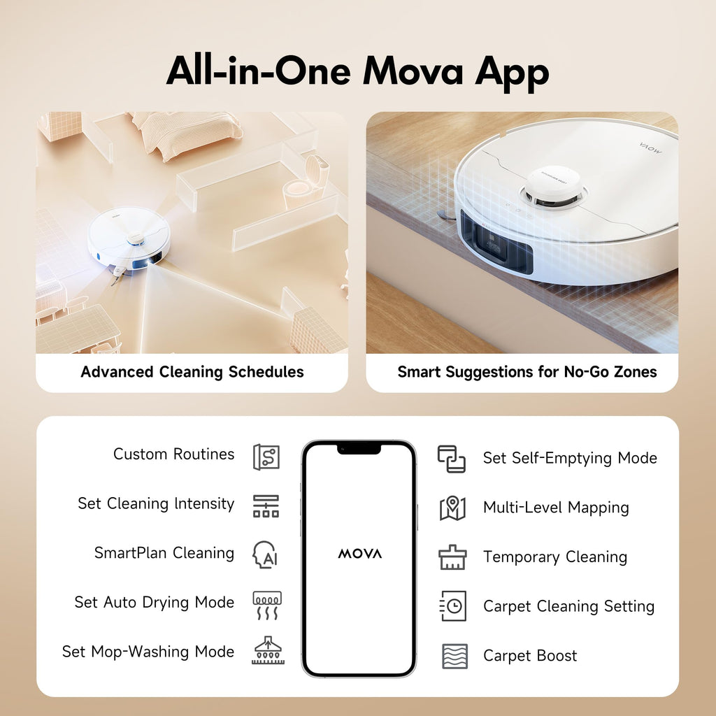 Mova P10 Pro Ultra Robot Vacuum and Mop 13,000Pa Suction, 140°F Hot Water Auto Mop Washing & Drying, Dual Spinning Extenable Mop,10.5mm Lifting for Carpet, 360°Obstacle Avoidance, App Control Mova