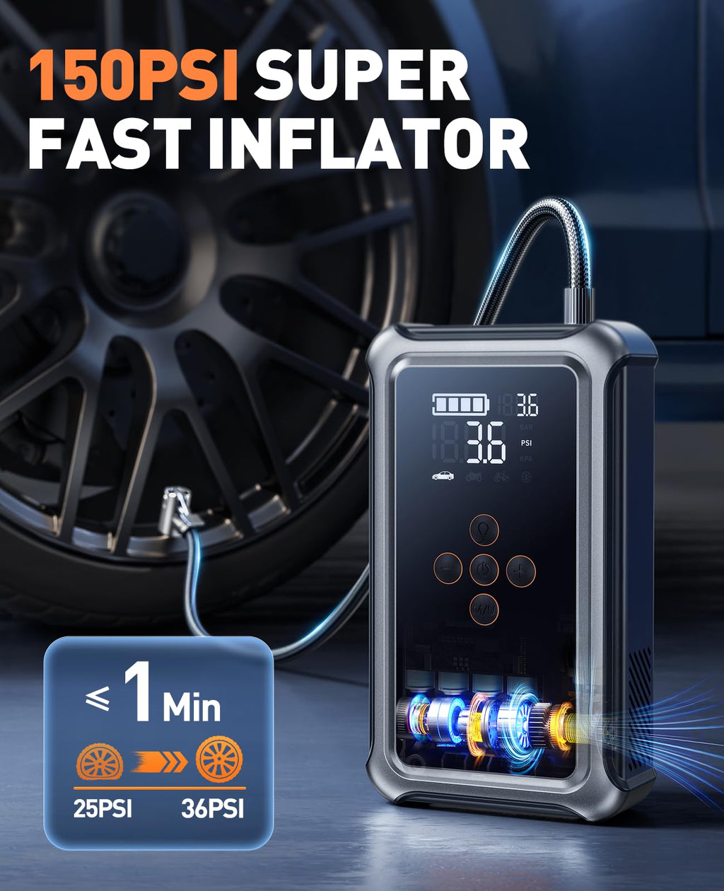 Joltekon Car Battery Jump Starter with Air Compressor 6000A 150PSI, Car Jumper Starter Portable (All Gas/10L Diesel), Jump Box Car Battery with Auto-Shutoff Tire Inflator, Jumper Cables and Light Joltekon