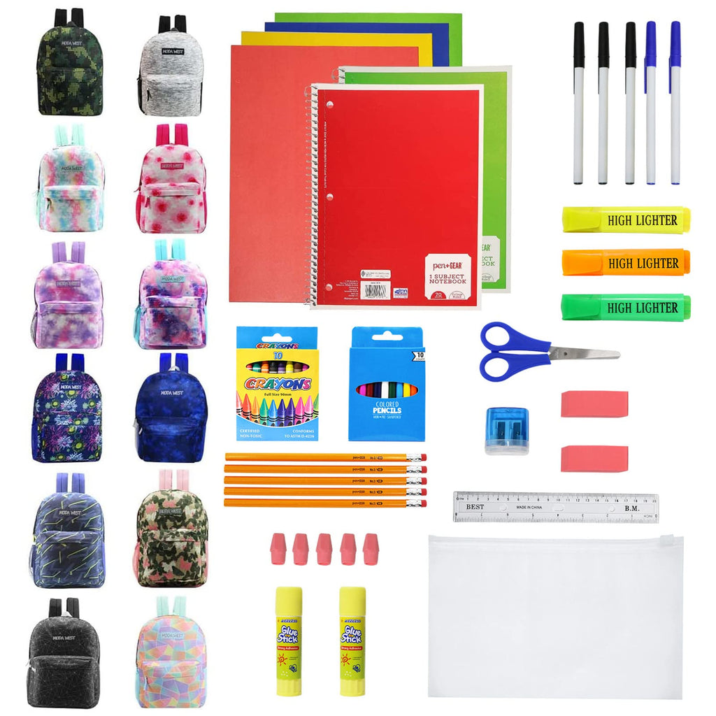 Moda West 12 Pack 17” Bulk Sport Backpacks with 52 Piece School Supplies Kits, 12 Styles Moda West
