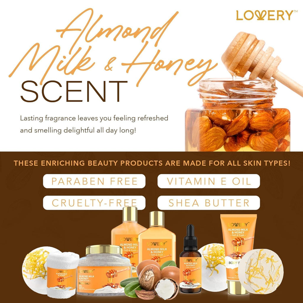 Gifts for Women Gift Basket for Women - 10 Pc Almond Milk & Honey Beauty & Personal Care Set - Home Bath Pampering Package for Relaxing - Spa Self Care Kit - Birthday, Mom, Anniversary Gift LOVERY