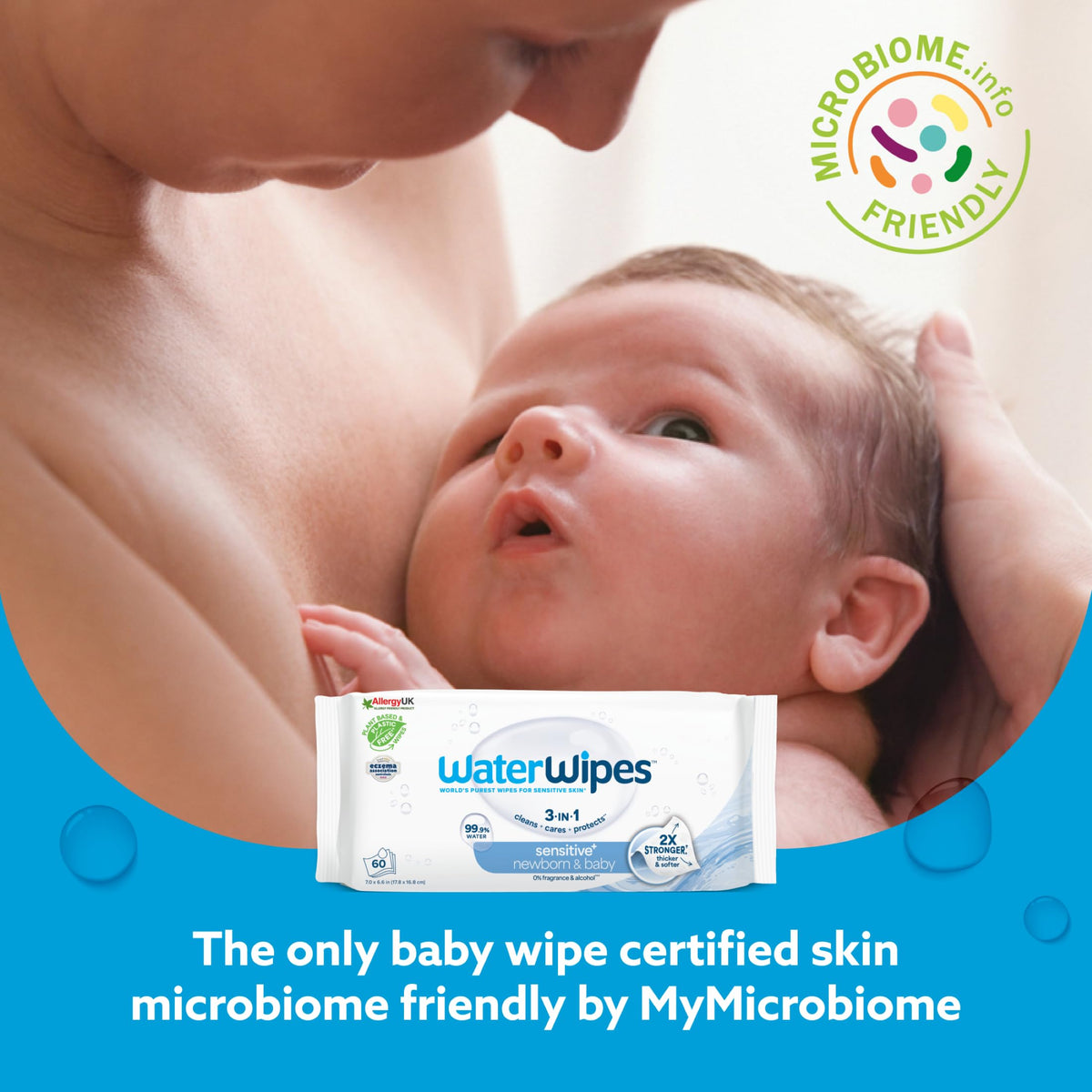 WaterWipes Sensitive+ Newborn & Baby Wipes, 3-In-1 Cleans, Cares, Protects, 99.9% Water, Unscented & Hypoallergenic, 720 Count (12 Packs) WaterWipes