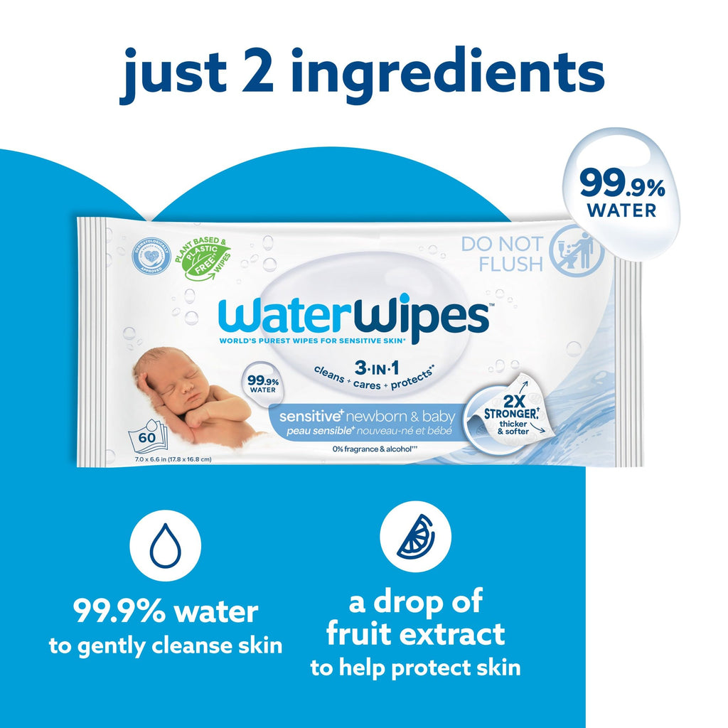 WaterWipes Sensitive+ Newborn & Baby Wipes, 3-In-1 Cleans, Cares, Protects, 99.9% Water, Unscented & Hypoallergenic, 720 Count (12 Packs) WaterWipes