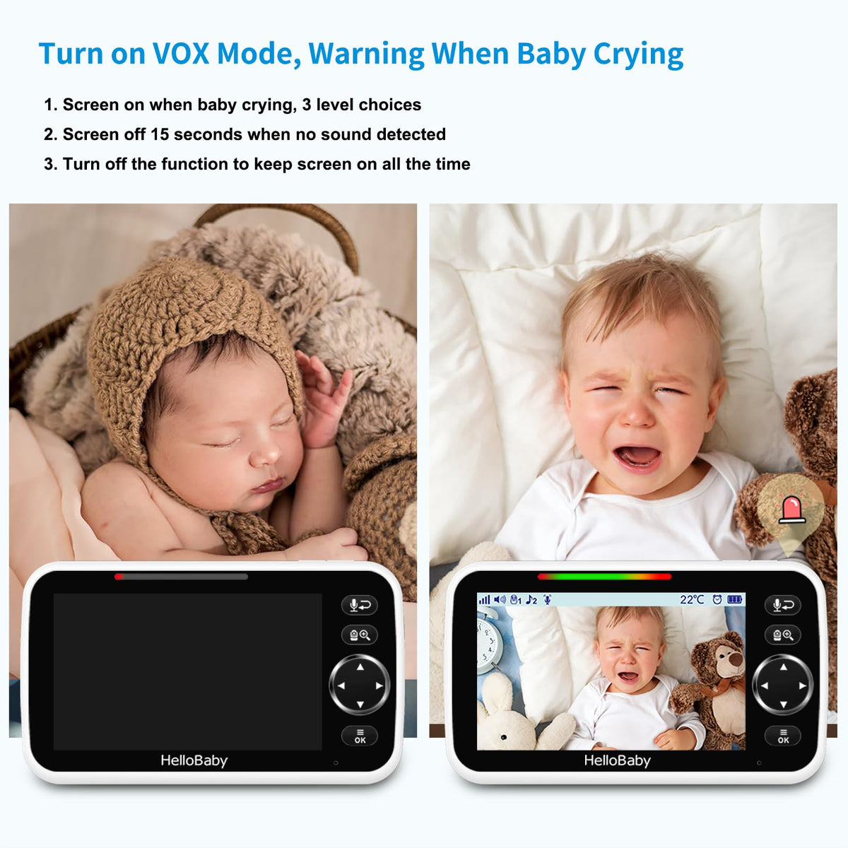 HelloBaby No WiFi Baby Monitor 5" Screen 30-Hour Battery Pan-Tilt-Zoom Video Upgrade with Camera and Audio, Night Vision, VOX, 2-Way Talk, 8 Lullabies and 1000ft Range, HB6550 HelloBaby